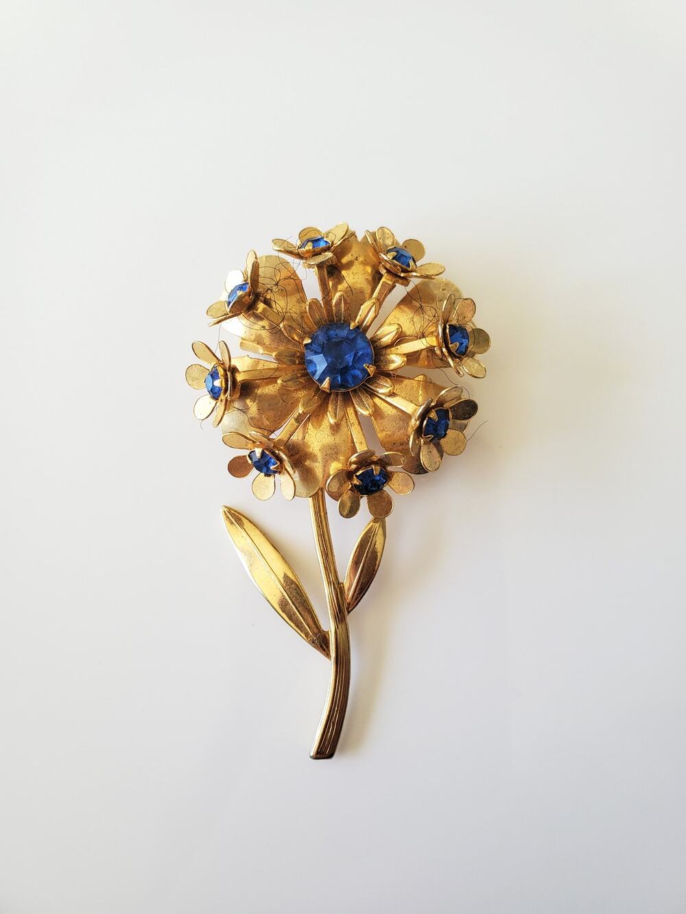 Vintage Gold-tone Blue Rhinestone Brooch